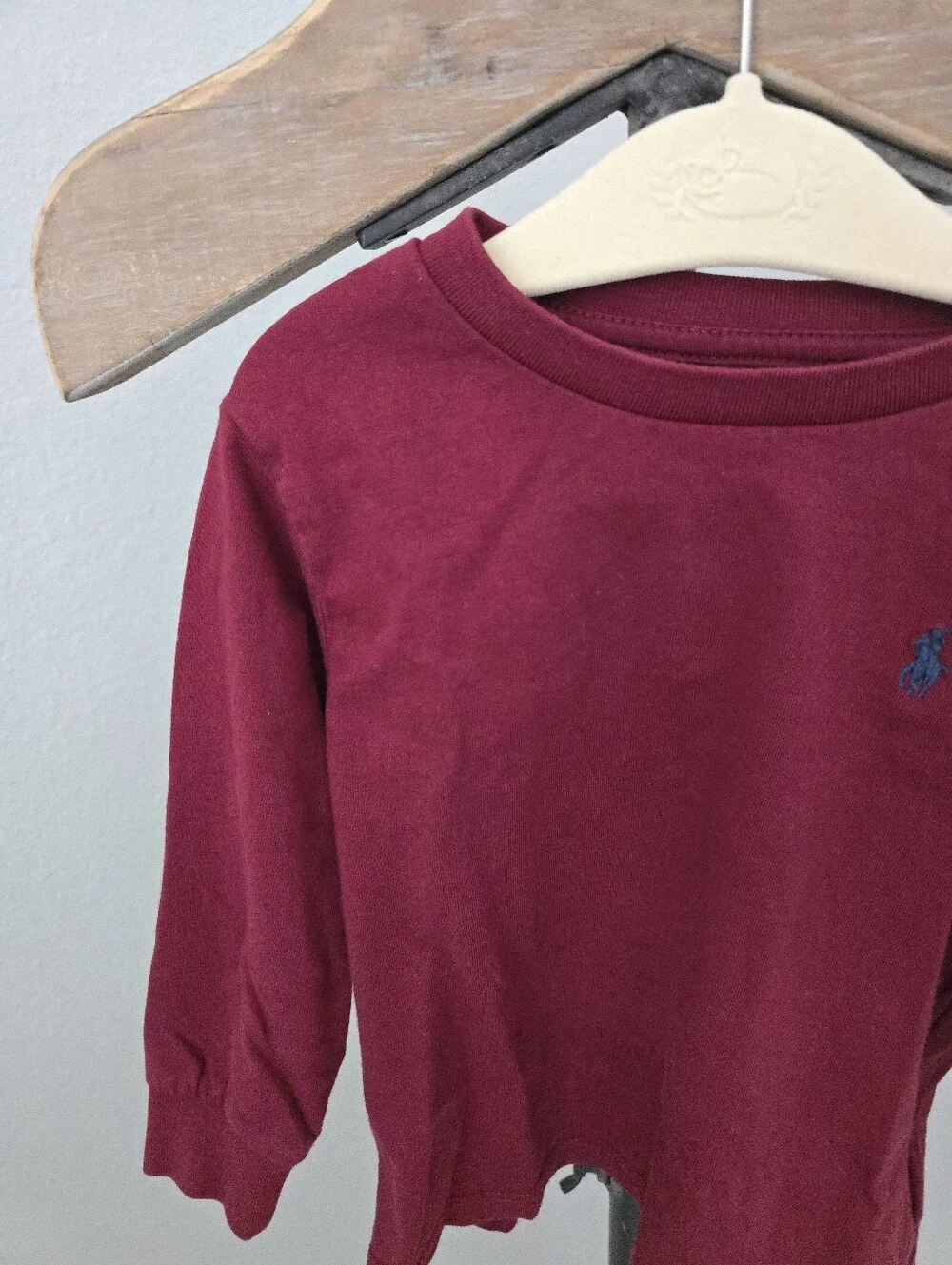 Ralph Lauren Burgundy Dark Red Wine Long-Sleeve Polo Tee with Navy Pony 18 Month